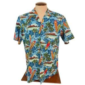 RJC Hawaiian Shirt Surfboards Volcano & Palms Blue Tropical Print Medium